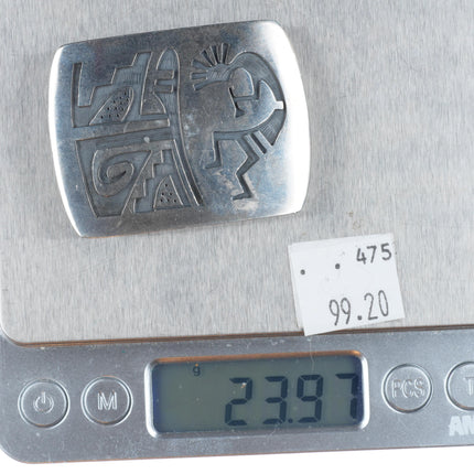 Gene Pooyouma Hopi overlay Kokopelli belt buckle sterling silver vintage