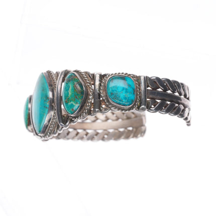 6.75" 1940's-50's Navajo Blue Gem turquoise braided sterling silver cuff bracelet