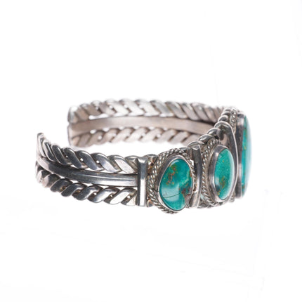 6.75" 1940's-50's Navajo Blue Gem turquoise braided sterling silver cuff bracelet