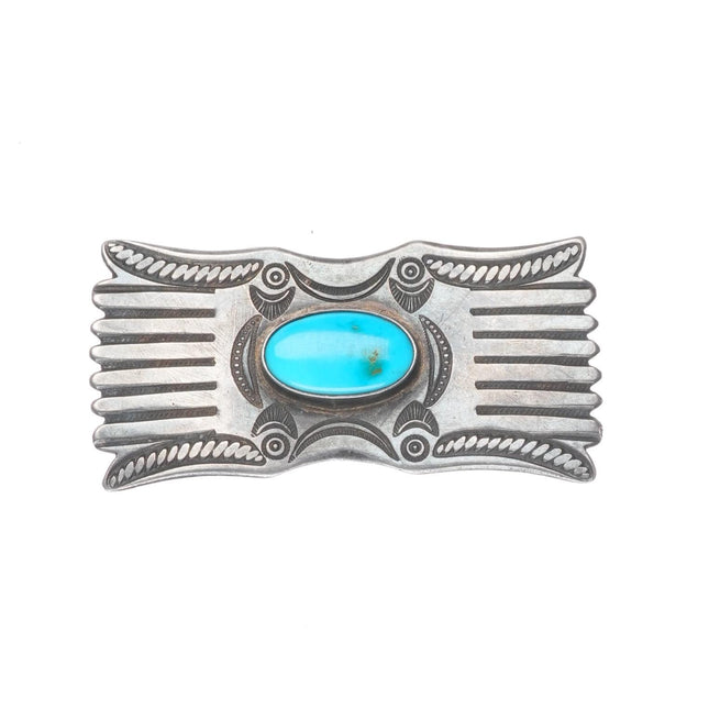 c1940's Nice Navajo stamped/chiseled sterling silver pin/brooch with turquoise