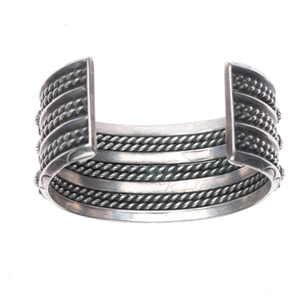 6.6" c1940 Big Zuni turquoise channel inlay sterling silver 3 row cuff bracelet