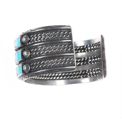 6.6" c1940 Big Zuni turquoise channel inlay sterling silver 3 row cuff bracelet