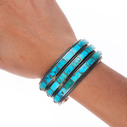 6.6" c1940 Big Zuni turquoise channel inlay sterling silver 3 row cuff bracelet