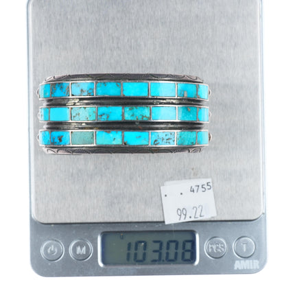 6.6" c1940 Big Zuni turquoise channel inlay sterling silver 3 row cuff bracelet