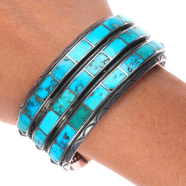 6.6" c1940 Big Zuni turquoise channel inlay sterling silver 3 row cuff bracelet