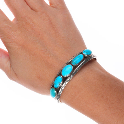 6" 30s-40's Navajo carinated sterling silver turquoise row cuff bracelet