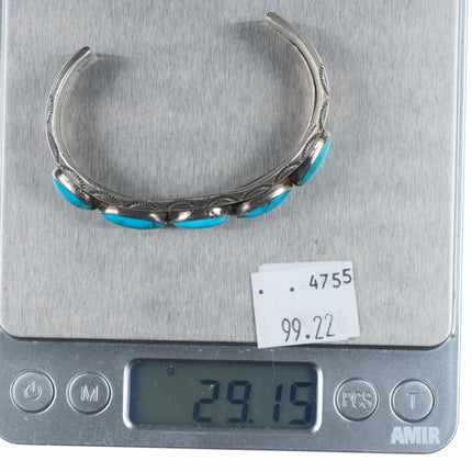 6" 30s-40's Navajo carinated sterling silver turquoise row cuff bracelet