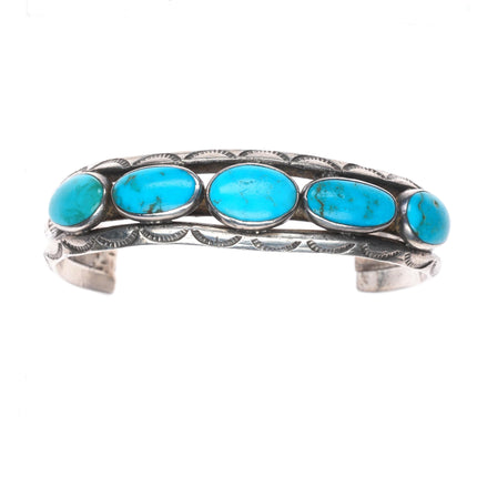 6" 30s-40's Navajo carinated sterling silver turquoise row cuff bracelet