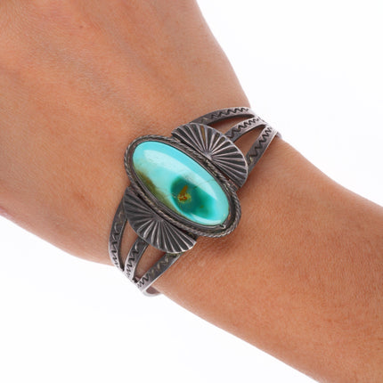 6.2" 1940's Navajo hand stamped sterling silver Royston turquoise cuff bracelet