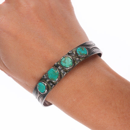 6.75" 30's-40's Navajo Vintage sterling silver turquoise row cuff bracelet