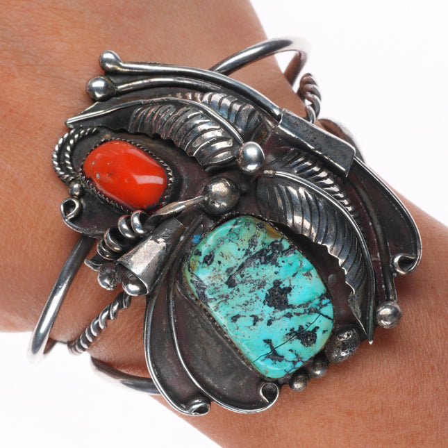 6" 60's-70's Vintage Navajo sterling silver turquoise/coral cuff bracelet