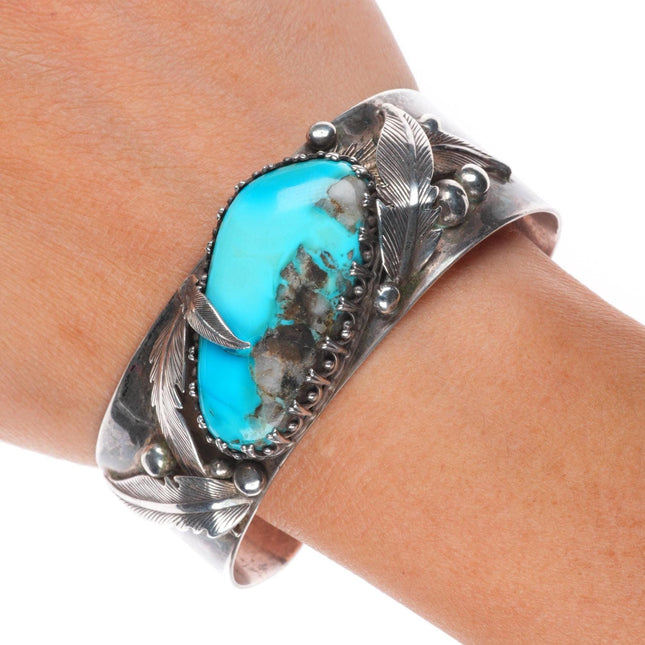 6.8" 60's-70's Vintage Navajo sterling silver cuff bracelet with large turquoise