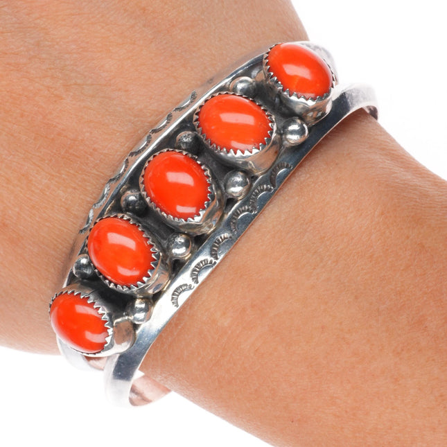 6.3" Vintage Navajo carinated sterling silver red coral row cuff bracelet