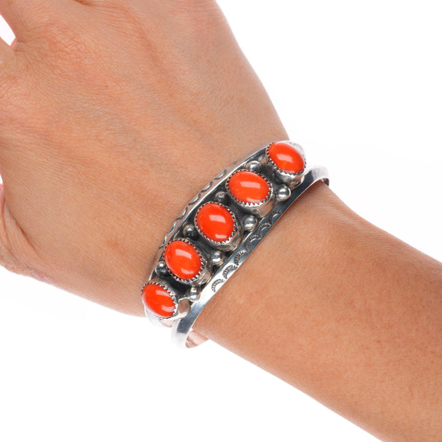 6.3" Vintage Navajo carinated sterling silver red coral row cuff bracelet