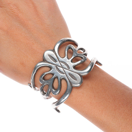 6.3" 30's-40's Navajo tufa cast sterling silver wide band cuff bracelet