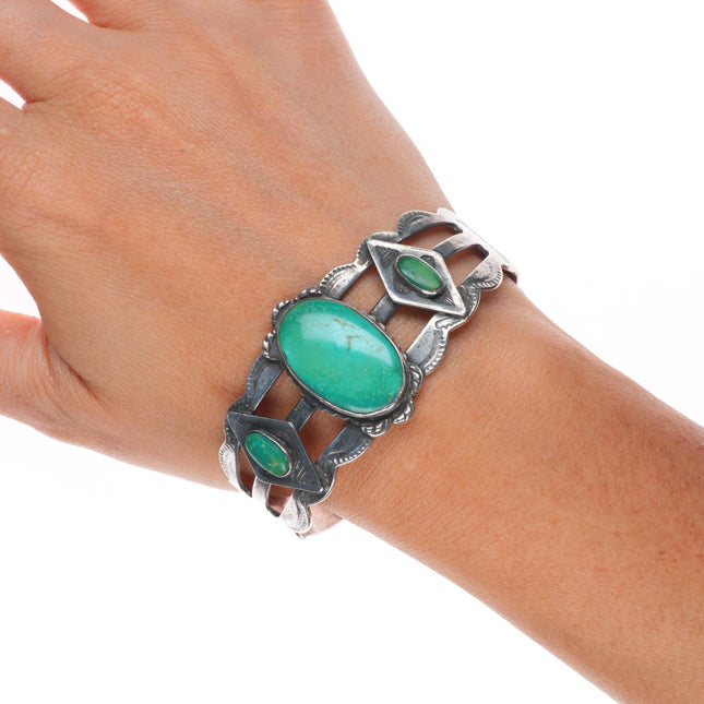 6.75" 1940 Fred Harvey type thunderbird sterling silver turquoise cuff bracelet
