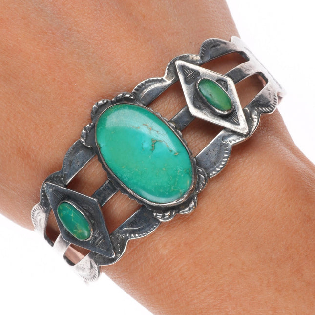 6.75" 1940 Fred Harvey type thunderbird sterling silver turquoise cuff bracelet