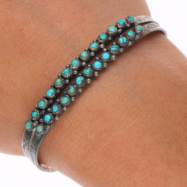 6.2" c1940's Zuni sterling silver 2 row snake eye turquoise cuff bracelet slim