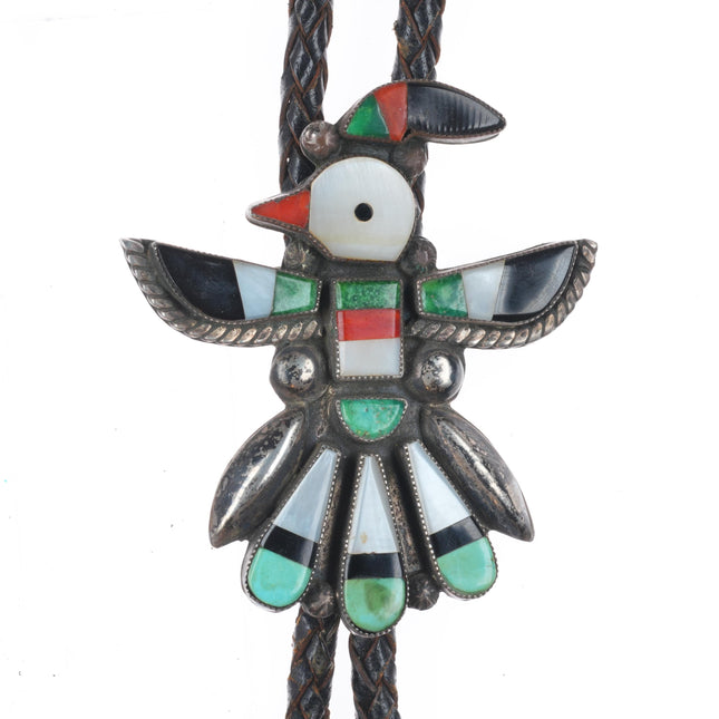 c1960 c--31 Vintage Zuni sterling silver channel inlay thunderbird bolo tie