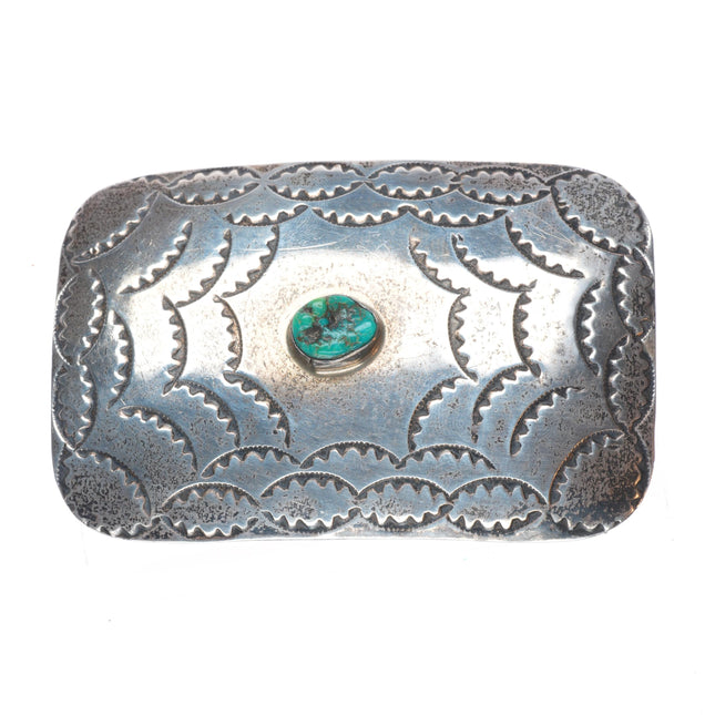 Vintage Navajo sterling silver spiderweb stamped turquoise belt buckle