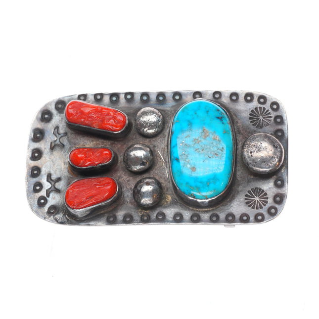 MP Vintage Navajo sterling silver turquoise, coral belt buckle