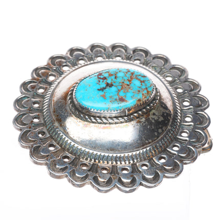 Vintage Navajo sterling silver concho style round belt buckle w/ nice turquoise