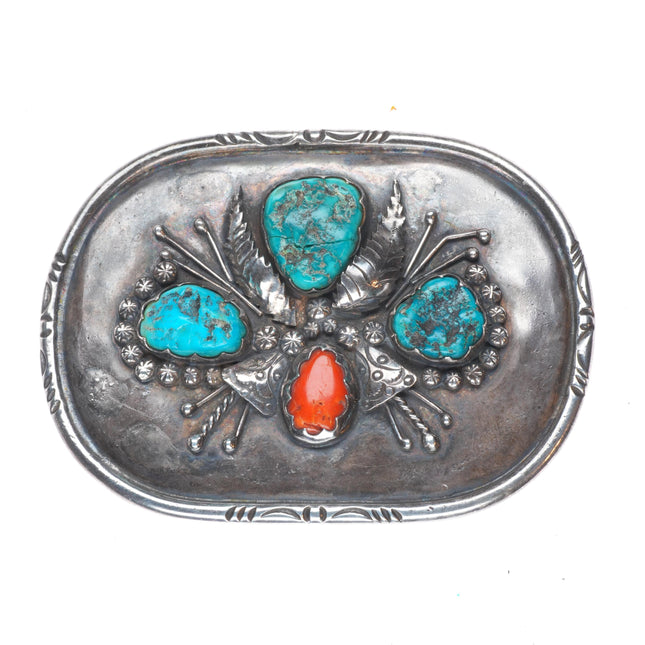 Vintage Navajo sterling silver belt buckle with turquoise and coral