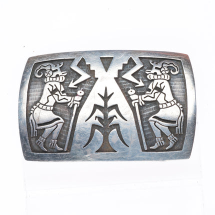 Alde Qumyintewa Hopi overlay kachina/corn sterling silver belt buckle