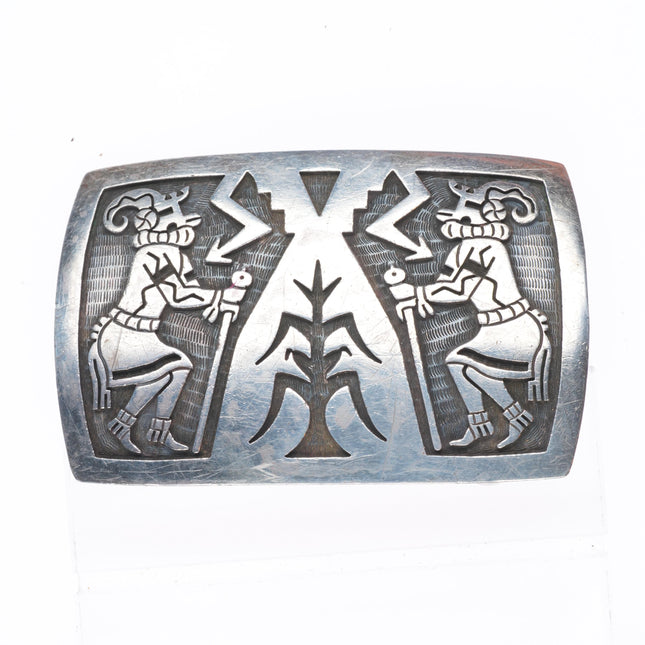 Alde Qumyintewa Hopi overlay kachina/corn sterling silver belt buckle
