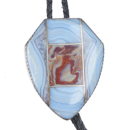 Big vintage southwestern sterling silver agate channel inlay bolo tie