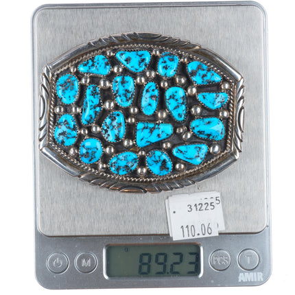 Tommy Moore Navajo sterling silver Kingman turquoise cluster belt buckle