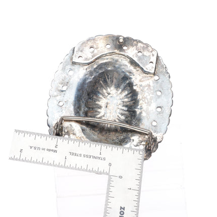 Vintage Navajo sterling silver pierced edge concho belt buckle with turquoise