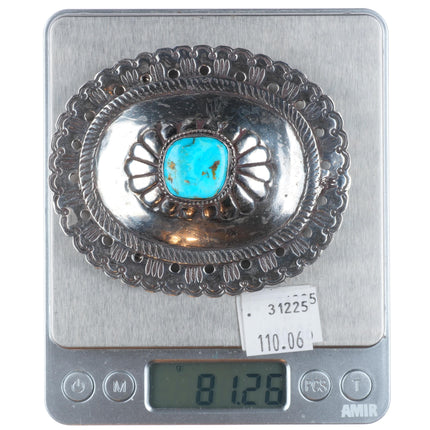 Vintage Navajo sterling silver pierced edge concho belt buckle with turquoise