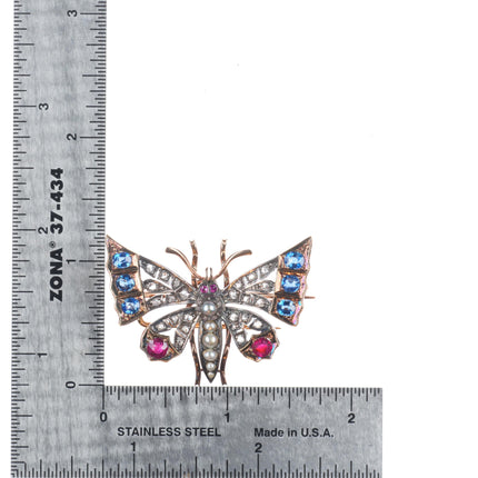 Antique 10k gold Diamond, Sapphire, Ruby, pearl  butterfly pendant/pin/brooch