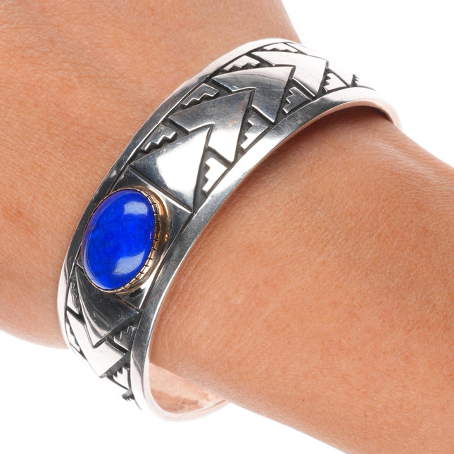 6.75" Mike Begay Navajo sterling silver 14k gold bezel lapis cuff bracelet