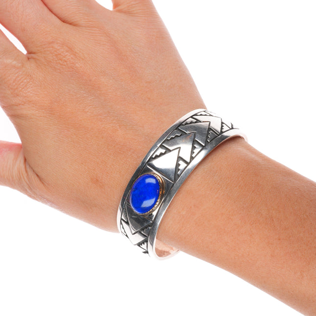 6.75" Mike Begay Navajo sterling silver 14k gold bezel lapis cuff bracelet