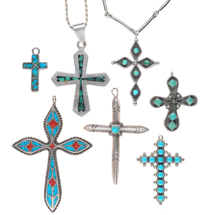 Vintage Navajo/Zuni sterling silver/turquoise snake eye cross collection/lot