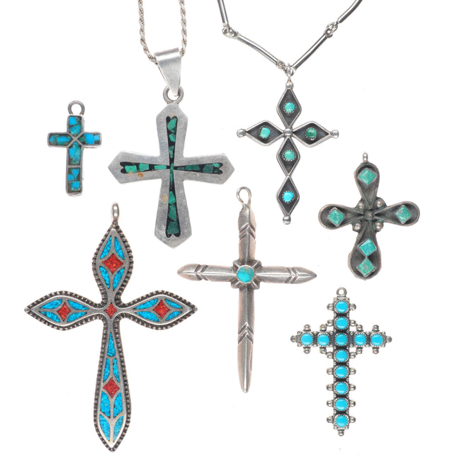 Vintage Navajo/Zuni sterling silver/turquoise snake eye cross collection/lot