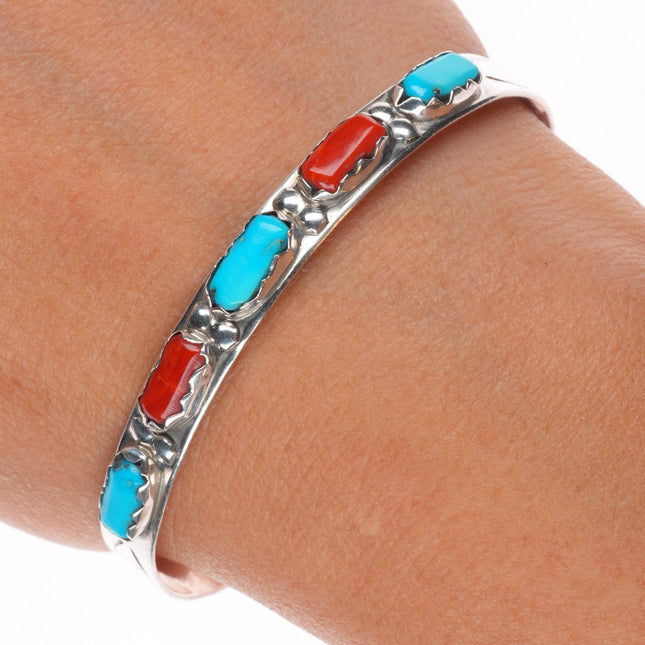 6.5" Cheama Zuni sterling silver turquoise, coral vintage row cuff bracelet