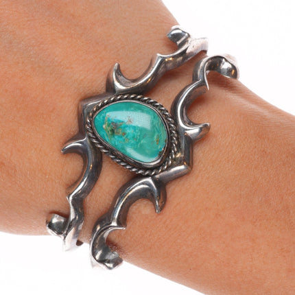 6" Navajo sterling silver green turquoise tufa/Sand cast cuff bracelet