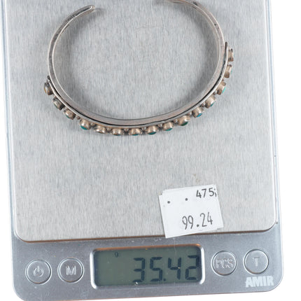 6.6" c1920's Antique Zuni ingot silver snake eye turquoise row cuff bracelet