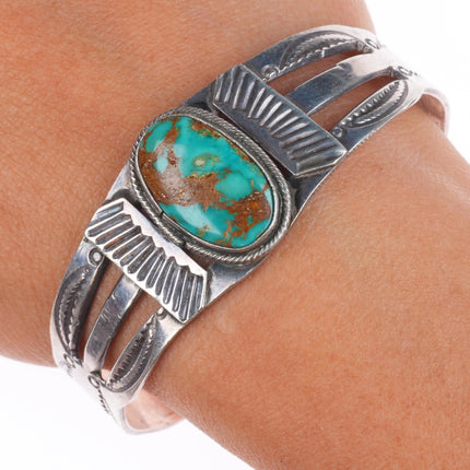 6.5" 1940's Navajo hand stamped sterling silver cuff bracelet w/ nice turquoise