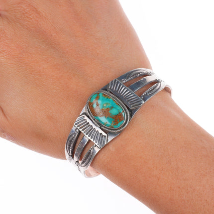 6.5" 1940's Navajo hand stamped sterling silver cuff bracelet w/ nice turquoise