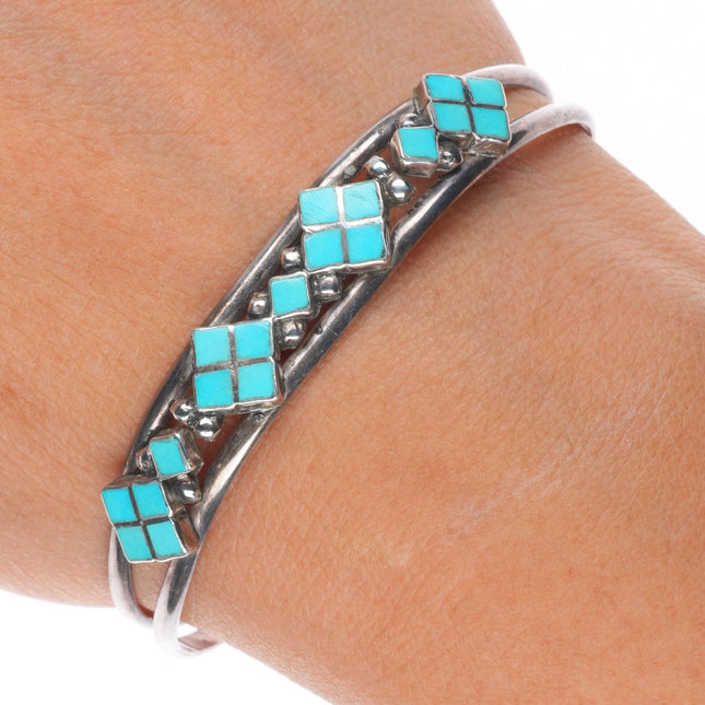 6.25" Vintage Zuni Dishta flush inlay turquoise cuff bracelet sterling silver