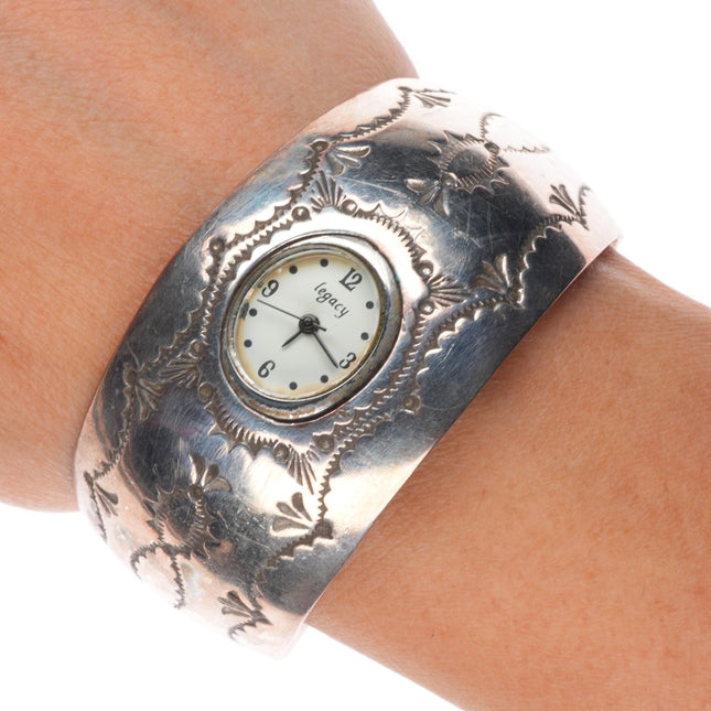 6.6" Les Baker Shop Navajo sterling silver stamped watch cuff bracelet