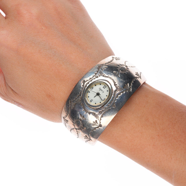6.6" Les Baker Shop Navajo sterling silver stamped watch cuff bracelet