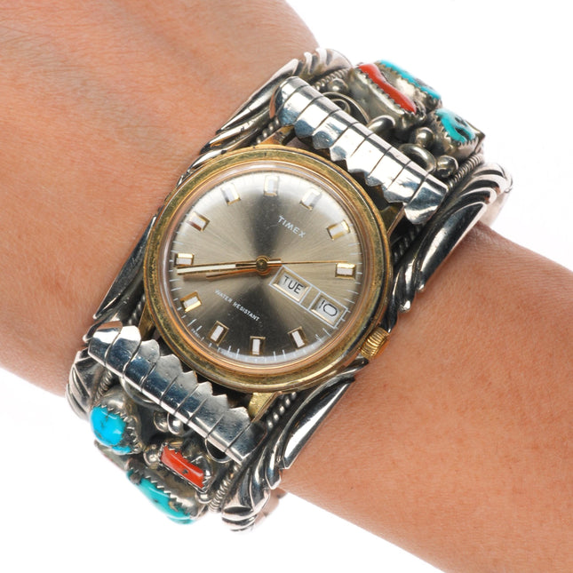 7.1" Vintage Navajo sterling silver, turquoise, coral watch cuff bracelet /timex