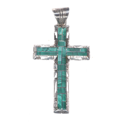 Sam Arviso Navajo sterling silver malachite channel inlay cross pendant