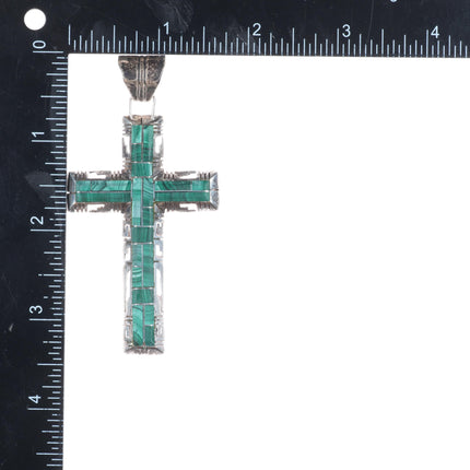 Sam Arviso Navajo sterling silver malachite channel inlay cross pendant