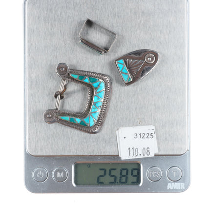 40's-50's Zuni sterling silver turquoise channel inlay ranger belt buckle set